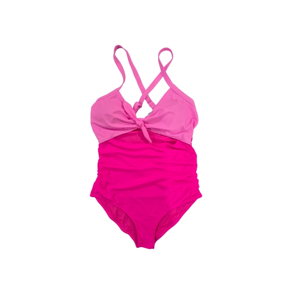 Pink One Piece Swimsuit Tie Front Cut Out High Waisted‎ Bathing Suit (XL) - Picture 2 of 4